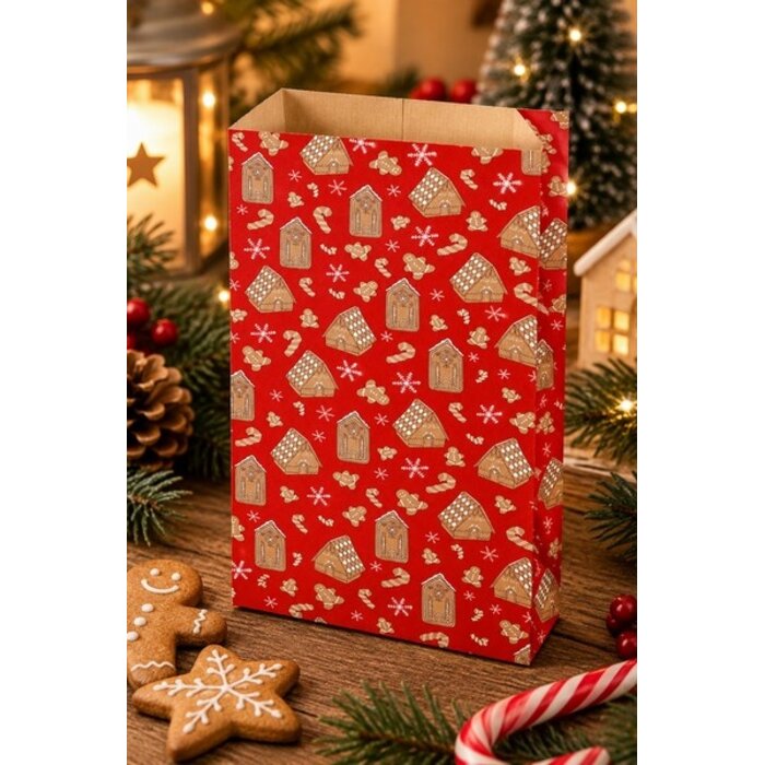Kerstzakje Peperkoekhuisjes groot - 12×20 cm - 10 stuks
