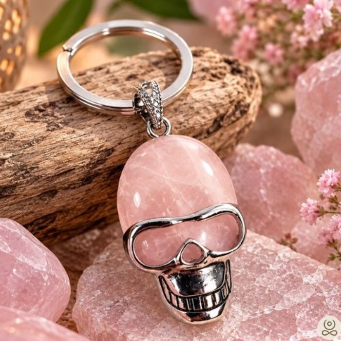Sleutelhanger Schedel Rozenkwarts – Ook als Hanger te Dragen