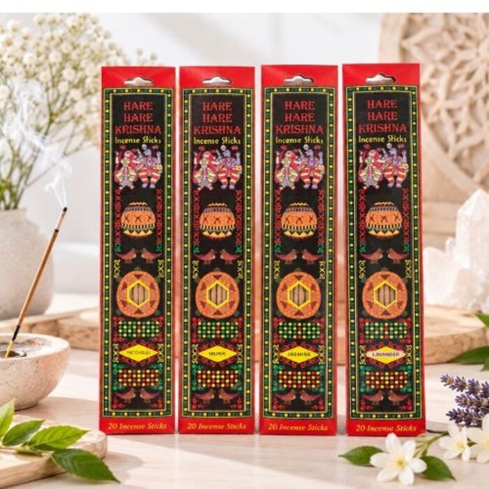 Hare Krishna wierook voordeelset – Patchouli, Musk, Jasmijn en Lavendel – 80 wierookstokjes