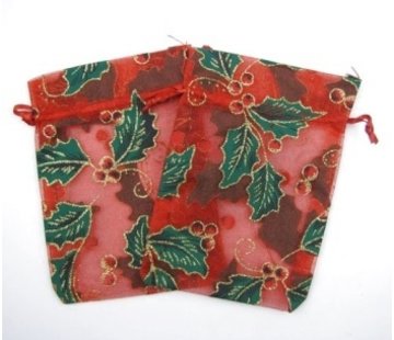 Organza zakje rood hulst en besjes  groot