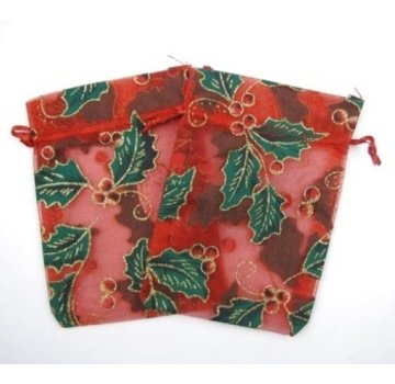 Organza zakje rood hulst en besjes  groot