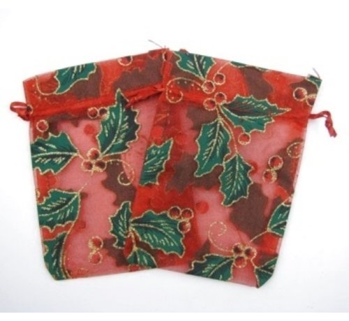 Organza zakje rood hulst en besjes  groot