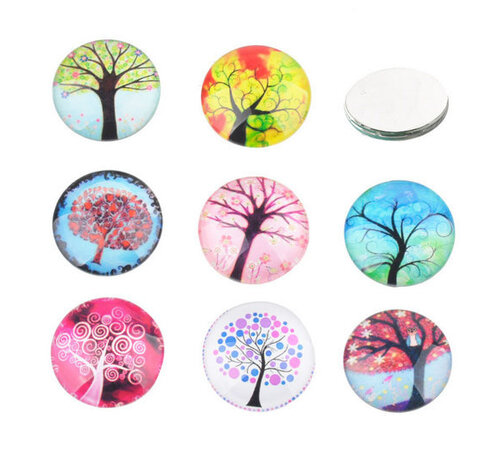 Mix glas cabochons rond met boom 10 stuks