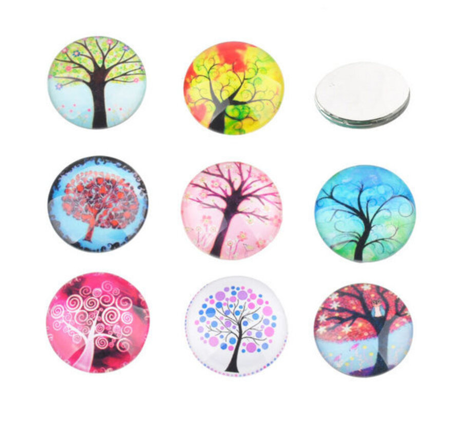 Mix glas cabochons rond met boom 10 stuks