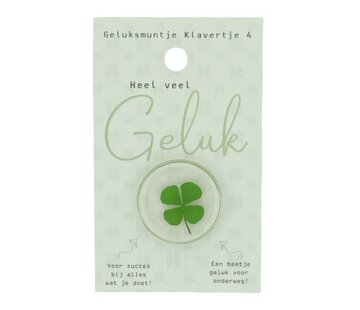 Geluksmuntje klavertje 4 “Heel veel geluk” op kaart