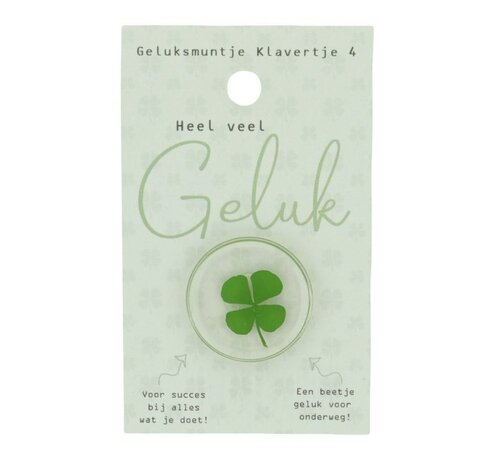 Geluksmuntje klavertje 4 “Heel veel geluk” op kaart