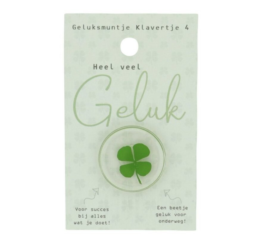 Geluksmuntje klavertje 4 “Heel veel geluk” op kaart