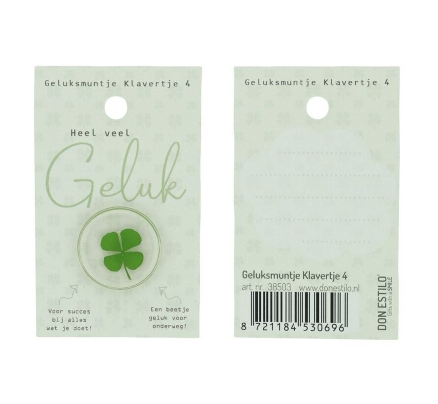 Geluksmuntje klavertje 4 “Heel veel geluk” op kaart