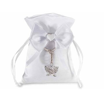 Satijnen zakje met metalen vlindersleutelhanger
