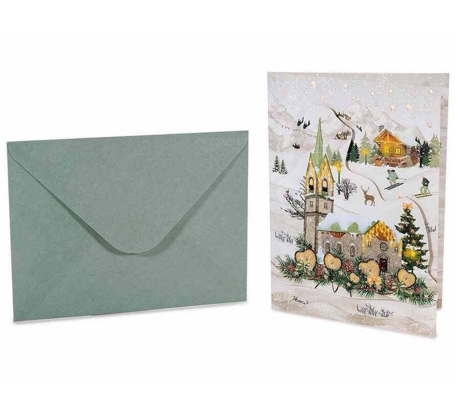 3D kerstkaart met muziek, lichtje en envelop