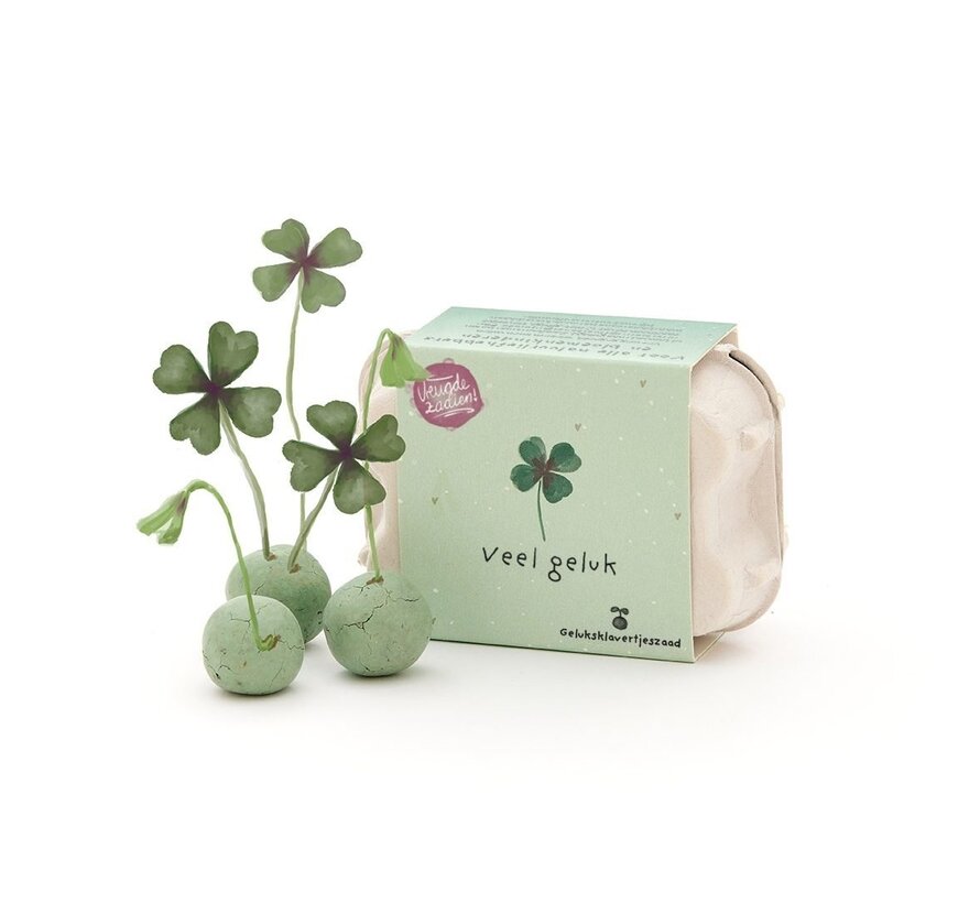 Veel geluk! Klavertjes in eierdoosje
