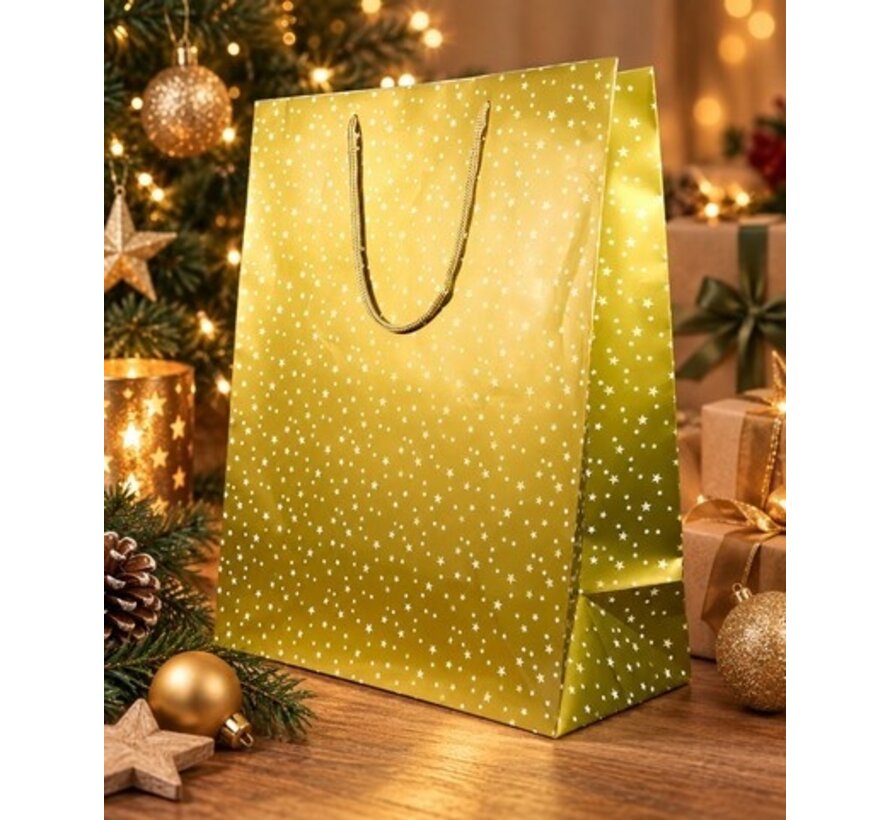 Kerstdraagtas Sterren Goud - 18 + 10 x 23 cm.