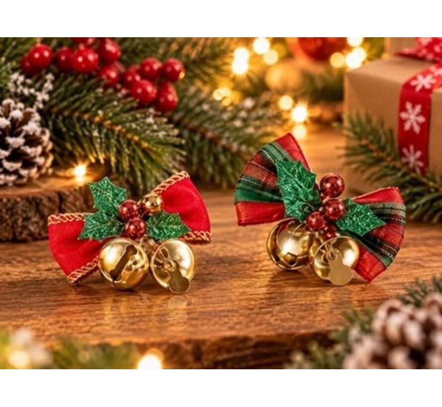 2 Kerststrikje met Belletjes en Hulst – 5 cm