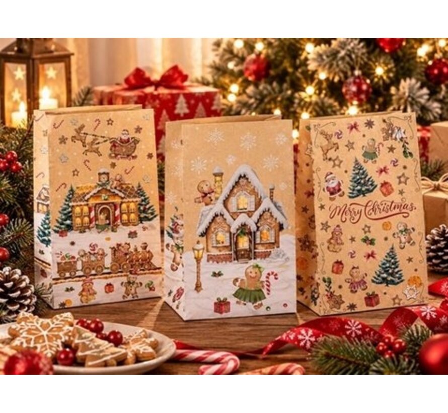 Kerst Cadeauzakje Peperkoek – Kraftpapier 28 cm Assorti.