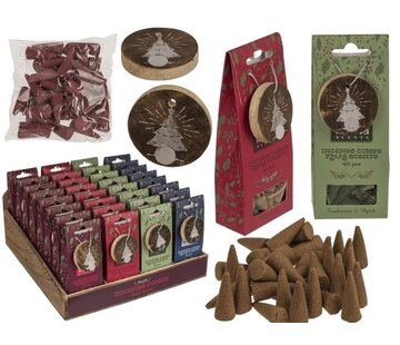 Kerst Wierookkegels met Houten Houder – 4 Geuren Assorti.