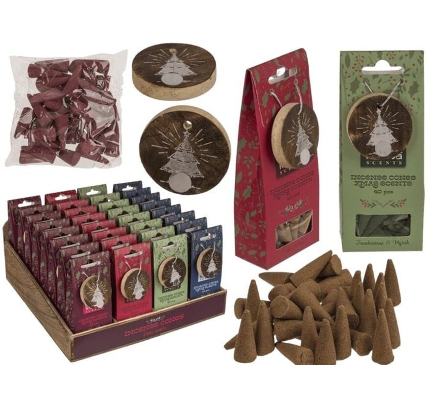 Kerst Wierookkegels met Houten Houder – 4 Geuren Assorti.