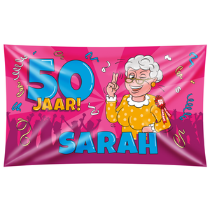 Vlag 50 jaar Sarah CARTOON groot Vlag 50 jaar Sarah CARTOON groot