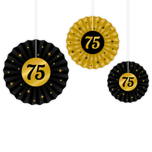 Waaier 75 jaar goud zwart 3 stuks Waaier 75 jaar goud zwart 3 stuks