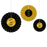 Waaier Happy New Year goud zwart 3 stuks Op is Op