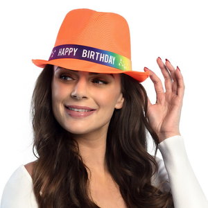 Hoed Happy Birthday fluor oranje Hoed Happy Birthday fluor oranje
