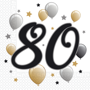 Servetten 80 jaar stijlvol zwart-goud-zilver 20 stuks Servetten 80 jaar stijlvol zwart-goud-zilver 20 stuks