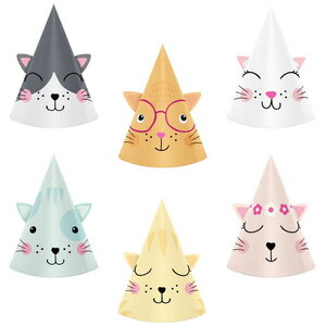 Feesthoedjes katten gezichten 6 stuks Feesthoedjes katten gezichten 6 stuks