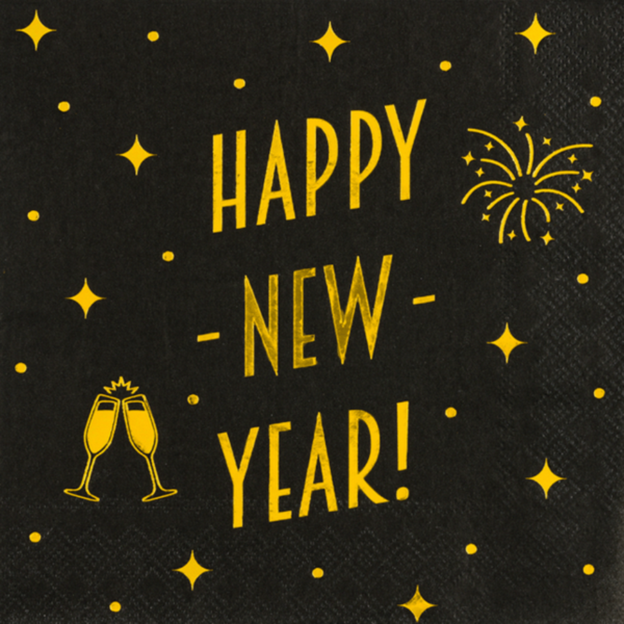 Servetten Happy New Year zwart 16 stuks