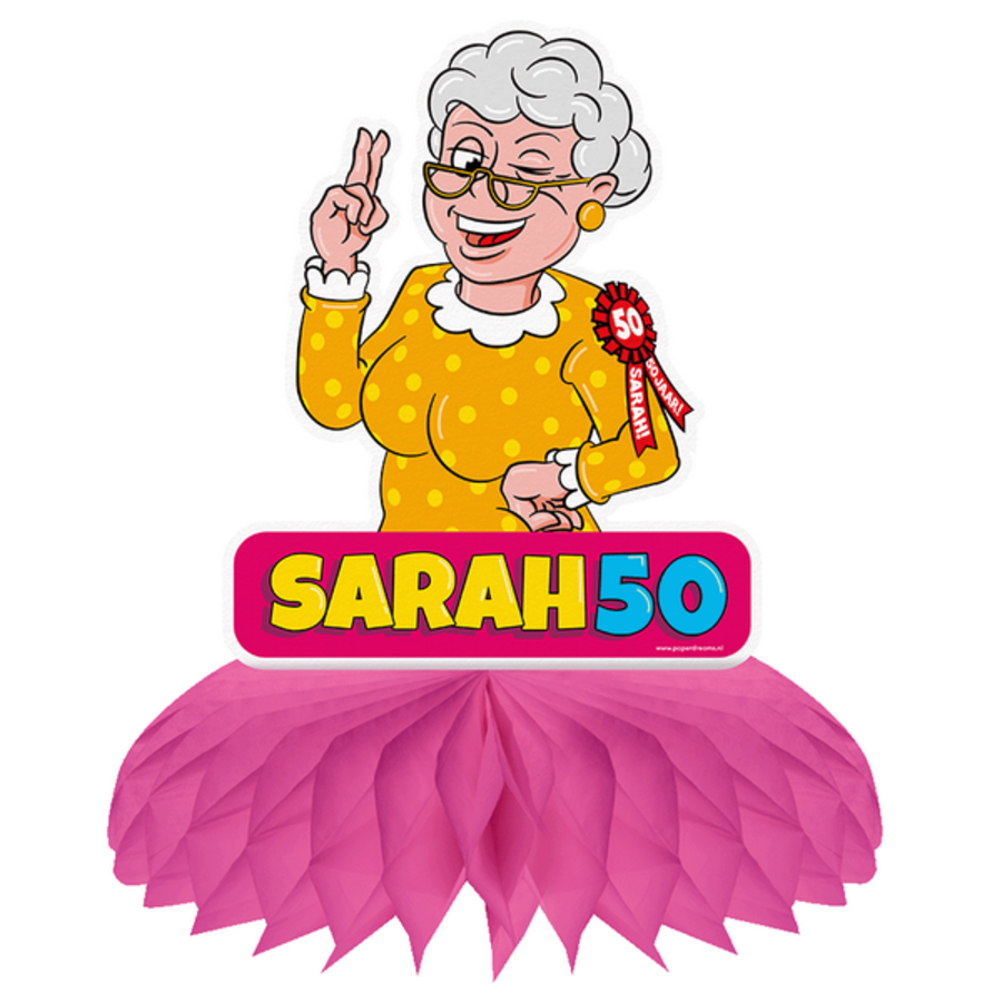 Tafeldecoratie Sarah 50 jaar cartoon