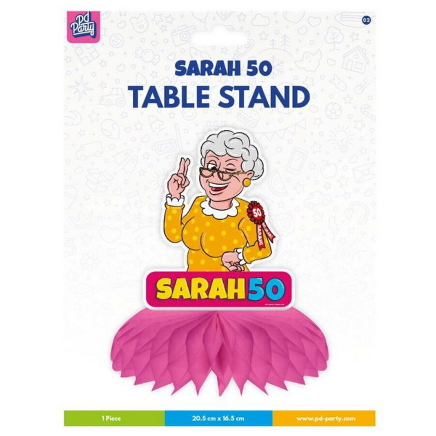 Tafeldecoratie Sarah 50 jaar cartoon