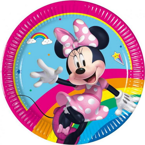 Procos Minnie Mouse Regenboog Feestborden 23 Cm - 8 Stuks Papieren Borden Voor Kinderfeestjes