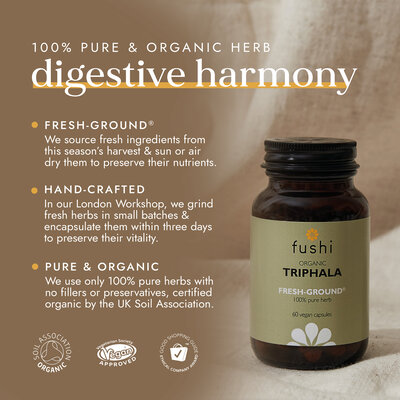 Fushi Wellbeing Biologische Triphala, 60 veganistische capsules, Voedingssupplement.