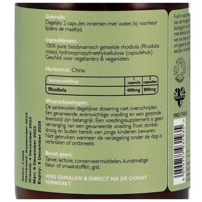 Fushi Wellbeing Biologische Rhodiola, 60 Veganistische Capsules, Voedingssupplement