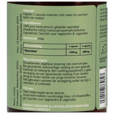 Fushi Wellbeing Biologisch Neemblad, 60 Veganistische Capsules, Voedinssupplement