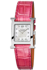 HERMES S.A Heure H PM acier cadran nacre index brillants alligator framboise HERMES