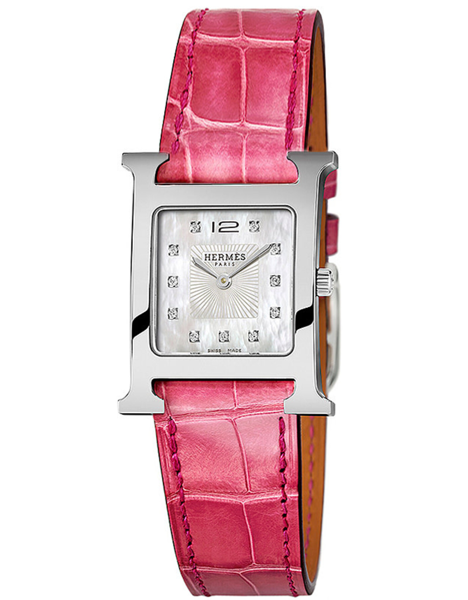 HERMES S.A Heure H PM acier cadran nacre index brillants alligator framboise HERMES