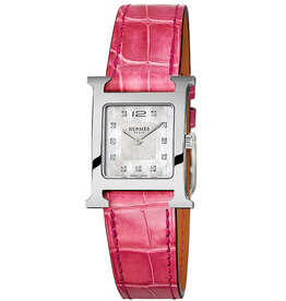 HERMES S.A Heure H PM acier cadran nacre index brillants alligator framboise HERMES