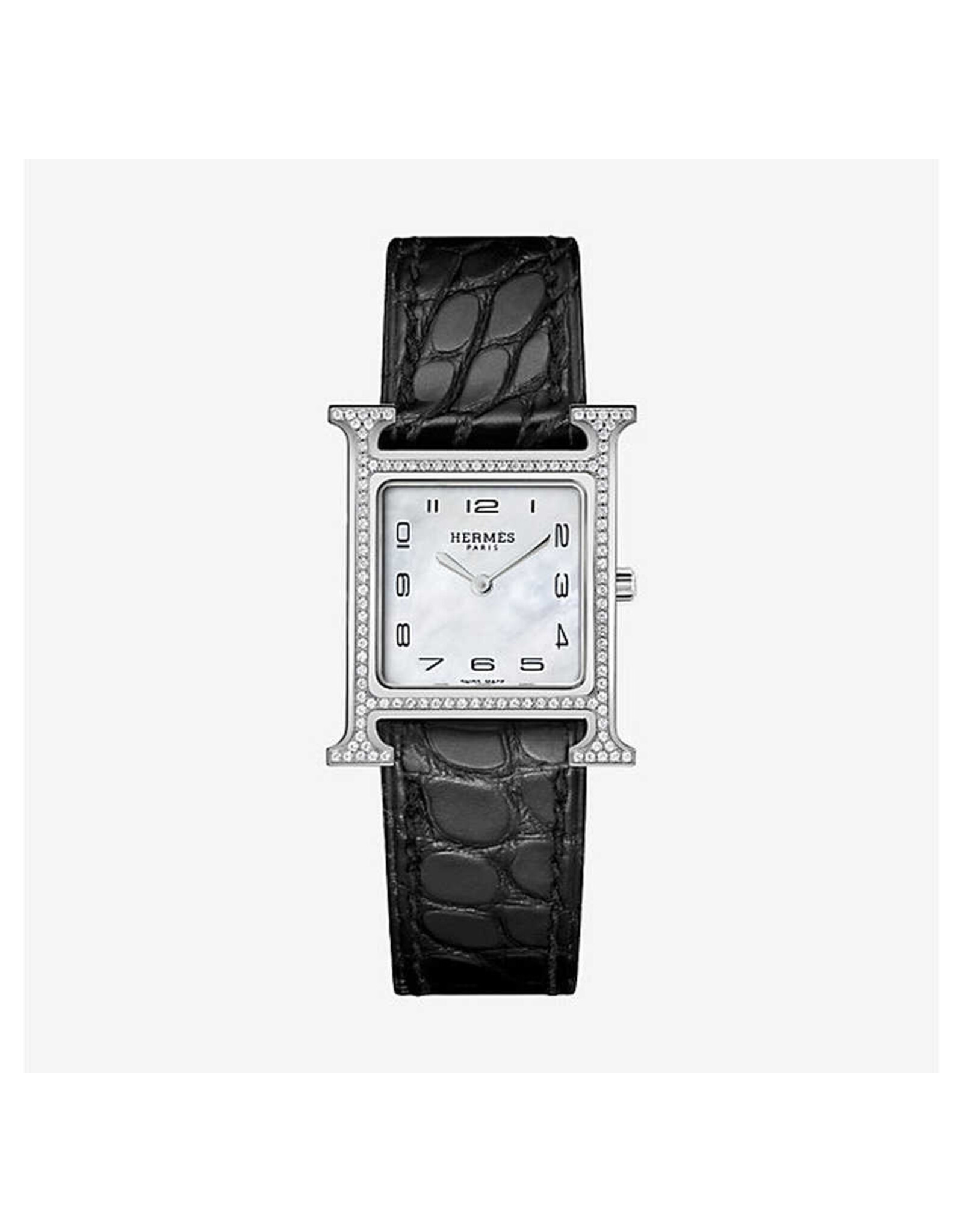 HERMES S.A Heure H PM boite acier serti light cadran nacre alligator gris elephant HERMES