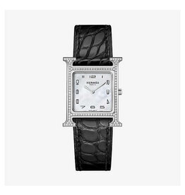 HERMES S.A Heure H PM boite acier serti light cadran nacre alligator gris elephant HERMES