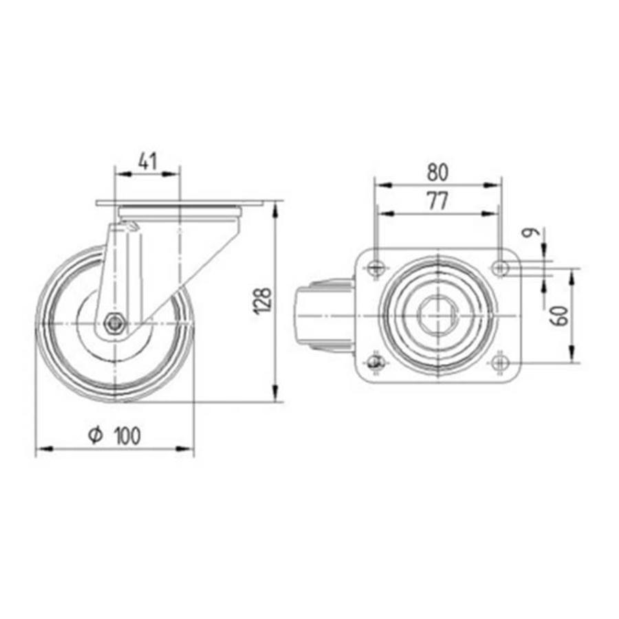 TENTE Zwenkwiel rubber 100 3SO plaat