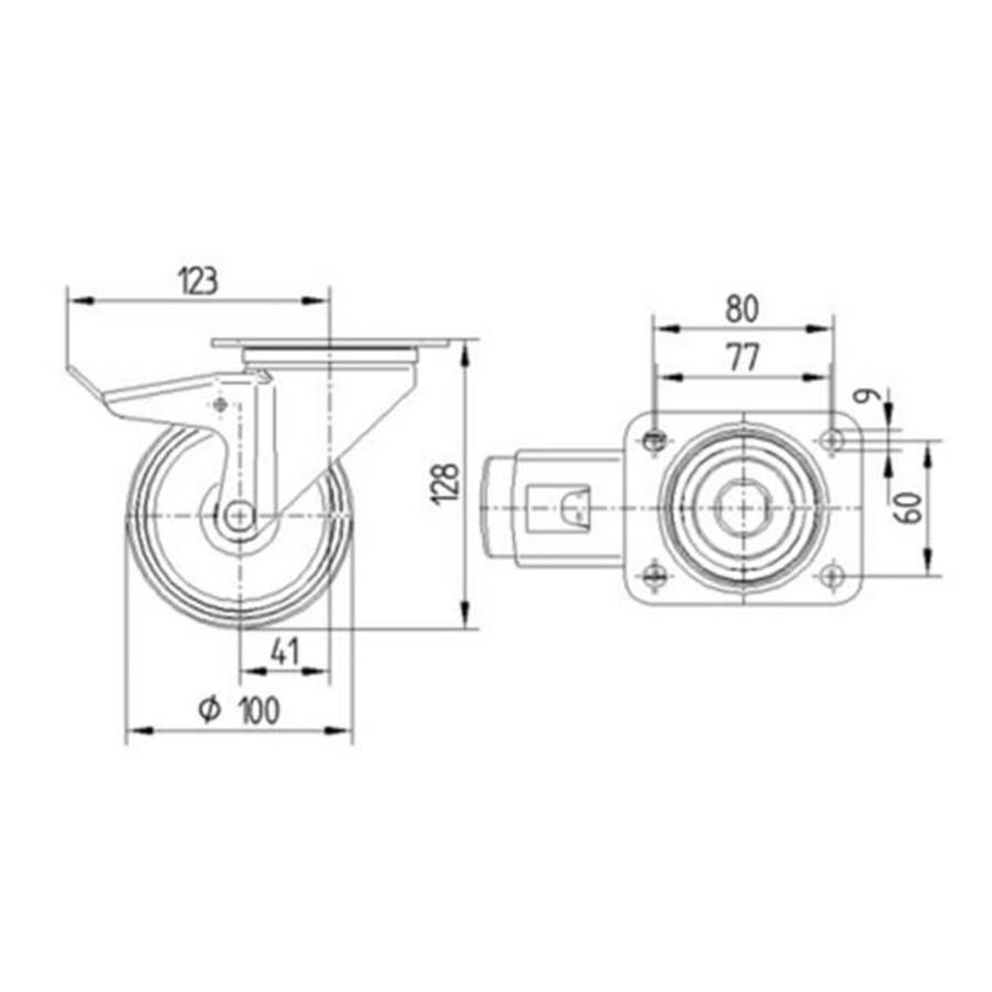 TENTE Zwenkwiel rubber 100 3SO plaat met rem-3