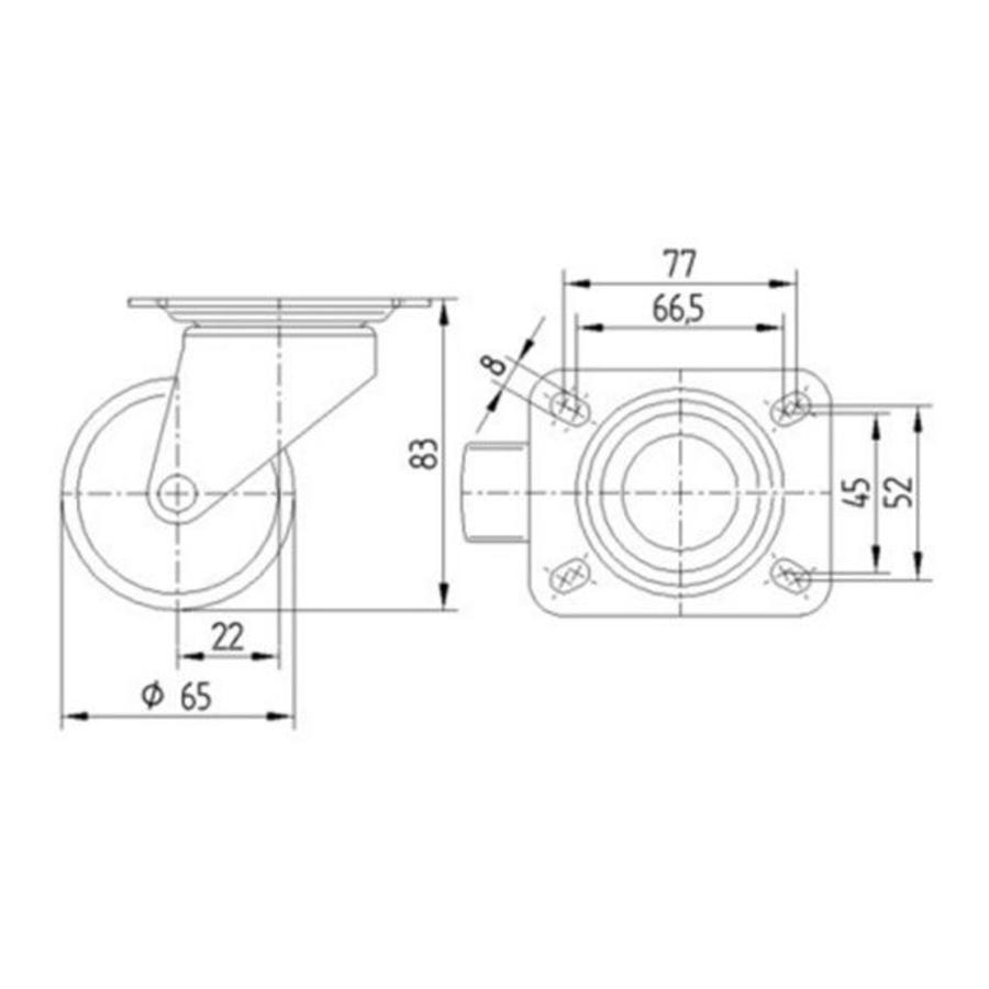 TENTE zwenkwiel 65mm 1PP plaat