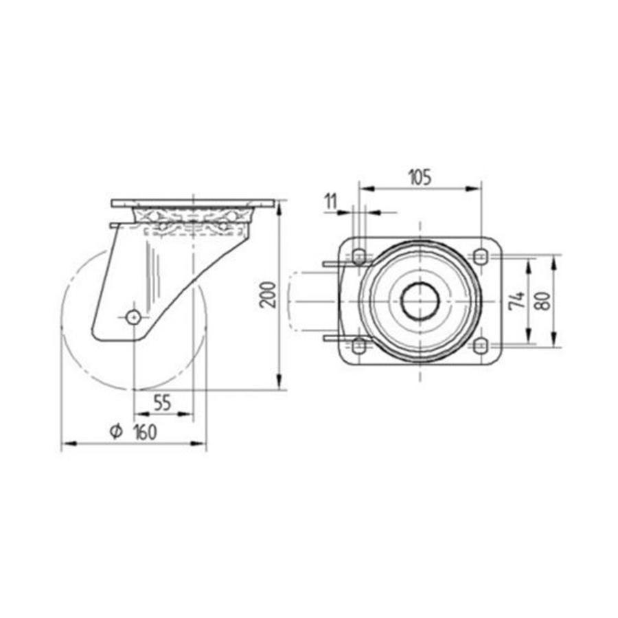 TENTE Zwenkwiel rubber 160 5SO plaat