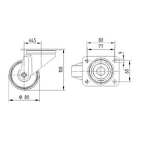 Zwenkwiel nylon 3NOP 80mm plaatbevestiging