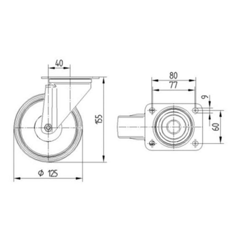 Zwenkwiel nylon 3NOP 125mm plaatbevestiging