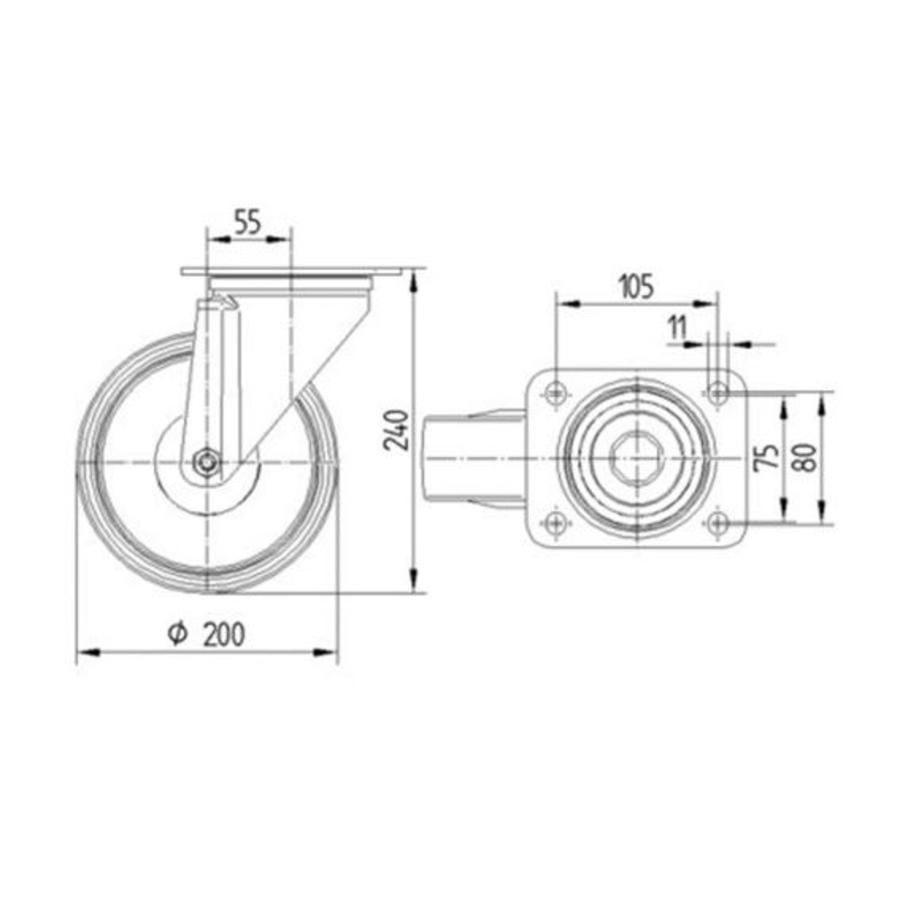 Zwenkwiel nylon 3NOP 200mm plaatbevestiging