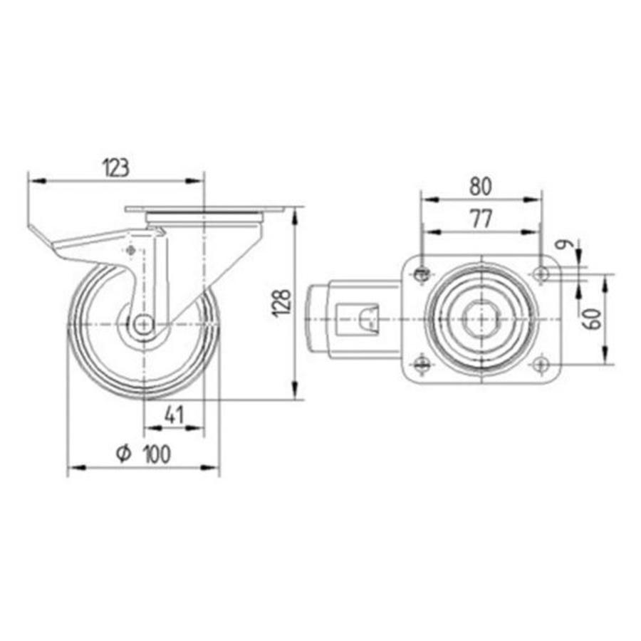 Zwenkwiel rubber indoor 100 3KO plaat met rem