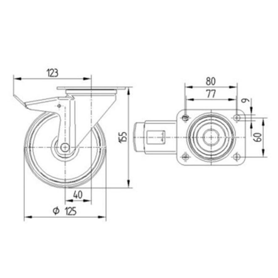 Zwenkwiel rubber indoor 125 3KO plaat met rem