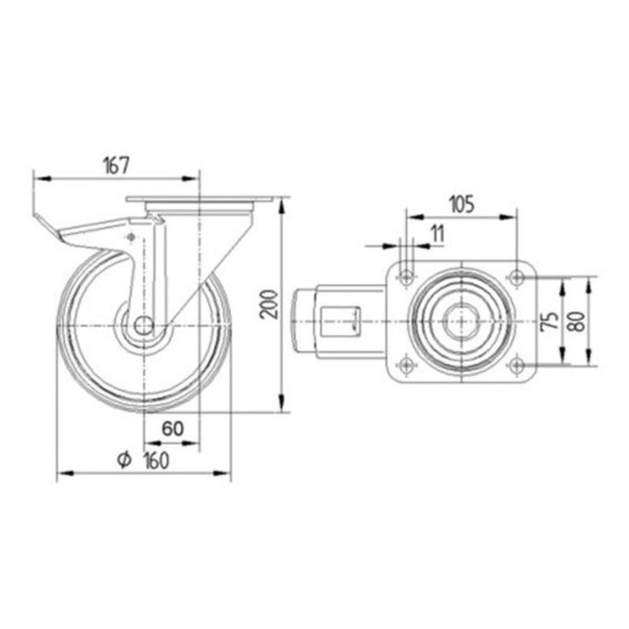 Zwenkwiel rubber indoor 160 3KO plaat met rem