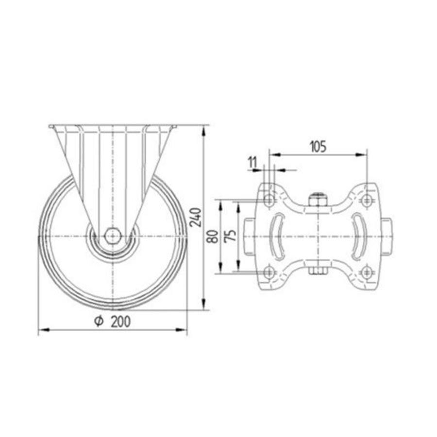 TENTE Bokwiel RVS 200 elastisch rubber KO plaat