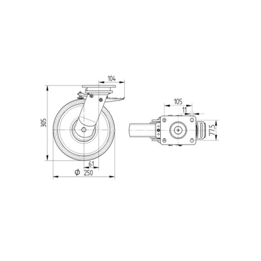 TENTE Zwenkwiel nylon Xtreme 250 6NO plaat met rem-3